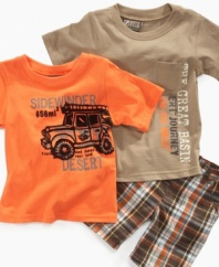 Don't let his fun summer style dry up. Keep it in gear with this rugged and comfy t-shirts and short 3-piece set from Nannette.