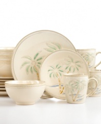 Set your sights on Palm dinnerware. Handcrafted with a tropical landscape and textured accents in easy-care stoneware, this Pfaltzgraff set is your cue to kick back and relax.