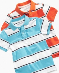 Broad appeal. The wide stripes on this polo shirt from 82Zero by Greendog give a shout-out to his unique style.