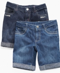 Off the cuff. She'll be ready to get up and go in these cute cuffed jean shorts from So Jenni.