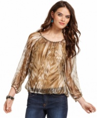 Wild child: Lucky Brand Jean's sheer peasant top is a layering essential, featuring an abstract animal-print on ultralight fabric. Pair it with jeans and a cami for boho-inspired style you'll love!