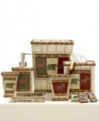 The great outdoors. Taking inspiration from classic lodge motifs, the Eldorado tissue holder gives your space a rustic atmosphere with striking bears, moose and deer all in a rich, woodsy color scheme.