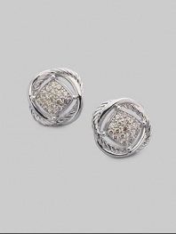 From the Infinity Collection. Gracefully intertwining bands of sterling silver, one cabled, one smooth, surround a center of radiant pavé diamonds. Diamonds, 0.36 tcw Sterling silver Diameter, about ½ Post back Imported