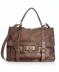Lush with heritage appeal, Frye's Cameron satchel showcases supple distressed leather and antiqued hardware for a look that evokes a lifetime of intriguing adventure.