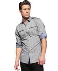 Step up your style game with a pleather-detailed woven shirt from INC International Concepts.