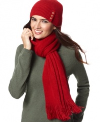 Winter chic is easy with this scarf and ribbed beanie ensemble by Calvin Klein. The hat features charming button embellishment and a logo bar detail, while the knit material is so soft, you'll think it's cashmere!