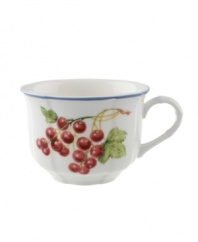 Give yourself a bright wake-up call with the Cottage Inn breakfast cup! Lush, dancing clusters of ripened blueberries, raspberries and cherries are a stunning contrast on creamy white porcelain and lend every meal a touch of traditional elegance.
