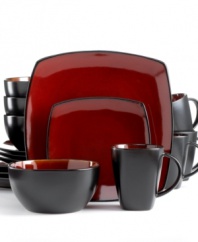Red alert. A chic, two-tone design rendered in contrasting gloss and matte finishes sets your table in style. Complete with service for four, this Gibson dinnerware set makes every meal memorable.