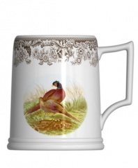 Enjoy the outdoors more. Illustrated with pheasant and Spode's 1828 British flowers border, the Woodland tankard beer mug offers a brand new way to toast and take in the scenery. Birds appear on both sides of mug.