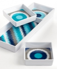 Make a splash with this summer-perfect Ikat tray by Jonathan Adler. Melamine serving dishes bursting with ocean blues take breakfast, lunch and dinner outside.