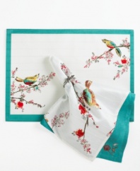 Set the scene for spring with Chirp table linens. Watercolor-inspired birds and florals from the beloved Lenox pattern thrive on coordinating placemats featuring a bold teal border and strands of tonal beads in easy-care polyester.