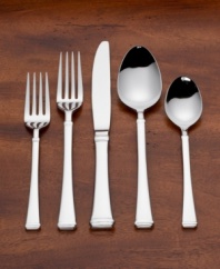 A new standard for everyday flatware. This 18/8 stainless steel set has a substantial look with clear lines and architectural details, including a collared accent at the tip. Coordinates well with earthenware.