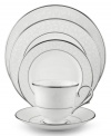 Pure opulence. Posh opalescence. This classically designed line of Lenox dinnerware and dishes is accented by a platinum rim and a delicate flourish of vine-like, white-on-white imprints with raised, iridescent enamel dots. Opal Innocence place settings make a great gift for housewarming parties, weddings...or yourself! Qualifies for Rebate