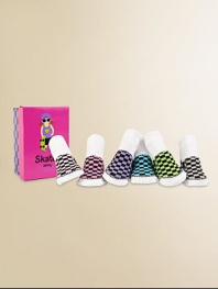 Six pairs of colorful, checkered, low-top socks, packaged in a cute gift box.80% cotton/17% nylon/3% spandexMachine washImported