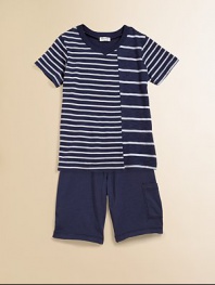 A soft v-neck with a plethora of contrasting stripes meets a pair of cool shorts with side pocket.V-neckShort sleevesPullover styleElastic waistSide pocket39% supima cotton/39% micro modal/22% polyesterMachine washMade in USA