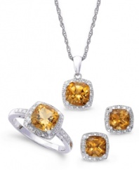 A touch of sunshine. Round-cut citrine (4-3/4 ct. t.w.) and sparkling diamond accents adorn this pretty matching jewelry set. Includes a pendant, stud earrings and ring in sterling silver. Approximate necklace length: 18 inches. Approximate drop: 1/2 inch. Approximate earring diameter: 1/4 inch. Size 7.