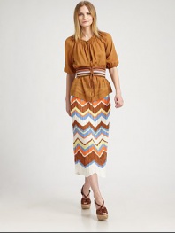 A trademark M Missoni style, this incredibly chic, bohemian-inspired knit with a zigzag print hits just at the calves. Elasticized waistbandCurve-hugging fitSolid trimScalloped hemAbout 32 long87% cotton/11% viscose/2% linenDry cleanImported Model shown is 5'10½ (179cm) wearing US size 4. 
