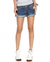 From the extreme whiskering and frayed cuffs to the fun, back pocket studs, these five-pocket shorts from Dollhouse have everything you need to score totally cool style!