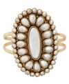 Graceful accents lend sophistication. Lucky Brand's cuff bracelet features mother-of-pearl embellishments. Set in gold tone mixed metal. Approximate diameter: 2-1/2 inches.