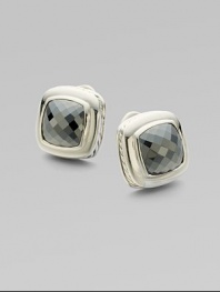 From the Albion Collection. A faceted cushion of hematite, subtly radiant, sits within an elegant setting of sterling silver. Hematite Sterling silver About ½ square Post back Made in USA