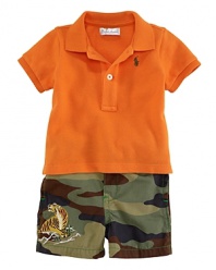 Inspired by the rugged wilderness, this adorable set pairs a preppy polo with durable camouflage shorts that feature cute tiger embroidery for a modern, handsome look.