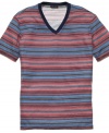 Add some variety to your v-neck. This multi-striped t-shirt from Sons of Intrigue will fit your sun-ready style to a tee.