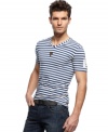 Casual, captain. This horizontal striped t-shirt is on-trend with your downtown style.