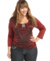 Rock your jeans with One World's three-quarter sleeve plus size top, highlighted by a beaded neckline and sublimated print. (Clearance)
