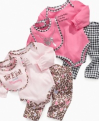 Parental consent. Whether it's mom or dad, they'll definitely give their approval to either one of these 3-piece bodysuit, pant and bib sets from First Impressions.
