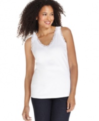 A little bit of lace gives this basic tank top from Karen Scott a delicate touch. At a terrific price, you'll want to snag a few for layering throughout seasons!