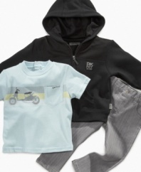 Get him ready to ride in this super cool shirt, jacket and pant set from DKNY.