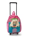 From Gund, an adorable colorblock packpack on wheels, with an expandable handle and princess doll tucked in the back pocket.