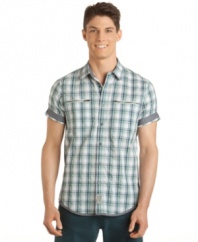 Zip it. They'll have nothing but good things to say about your style when you show up in this seersucker shirt from Calvin Klein Jeans.