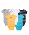 Stripes and solids and prints, oh my! Easily switch up his style with this five-pack variety of bodysuits from Carters.