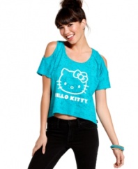 Hello Kitty mixes an edgy, burnout print with chic shoulder cutouts on a top designed for the feline in you!