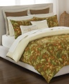 Bask in this Tropical Harvest comforter set from Tommy Bahama, featuring a tropical flora pattern in warm earthy tones, creating a rich balance between a summer and autumn feel. Finished in 230-thread count sateen. Reverses to herringbone print.