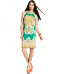This printed sheath is the perfect dress to pack for an exotic vacation or wear out for an al-fresco summer dinner. Pair INC's rhinestone-studded dress with a bold wedge and bright accessories for a luxe look.