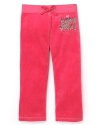 Choose these popping pink Juicy Couture pants in super soft velour with a metallic Choose Juicy logo.
