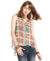 American Rag gives the plaid top a super-cool makeover, incorporating au-courant sheer style, a high-low hem and a totally eye-popping color palette!