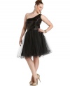 Look divine and shine in Trixxi's one-shoulder plus size dress, spotlighting a sequined top and tulle skirt.