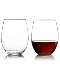 A bit taller than the Pinot Noir glass, this stemless bowl is designed with young reds with distinct tannins like Merlot and Cabernet in mind. Stands 4 7/8 tall and holds 21 1/8 ounces. Sold in sets of two. Second from left.