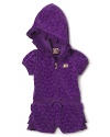 Isn't she pretty in this purple, plush Juicy Couture romper with gold J zip pull and all-over ruffle details?