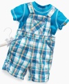 Down home. He'll be nice and relaxed in this comfy t-shirt and plaid shortall set from First Impressions.