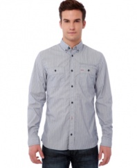 Secure a long, lean silhouette in this cool striped shirt from Buffalo David Bitton.