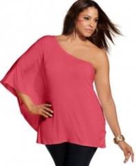 Make a stylish statement with INC's one-shoulder plus size top, showcasing a dramatic batwing sleeve.