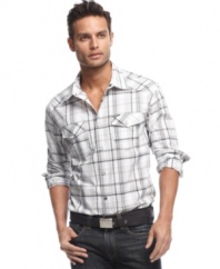 Hip style? It's a snap with this plaid shirt with western-inspired detailing from Marc Ecko Cut & Sew.