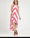 Bold chevron stripes pop on soft jersey in this asymmetric maxi shift.JewelneckSleevelessHem longer in backAbout 38 from natural waistRayonDry cleanMade in USAModel shown is 5'9 (175cm) wearing US size Small.