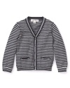 All-over stripes add classic preppy charm with a sprinkle of whimsy to a cotton cardigan from Pearls & Popcorn.