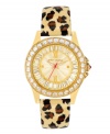 Outrageous is the only way to go. Get noticed with this over-the-top watch by Betsey Johnson. Leopard print patent leather strap and round gold tone stainless steel case. Bezel embellished with faceted crystal accents. Champagne dial features ring of baguette-cut crystal accents, gold tone Roman numerals at twelve and six o'clock, dot markers at three and six o'clock, gold tone hour and minute hands, signature fuchsia second hand and logo. Quartz movement. Water resistant to 30 meters. Two-year limited warranty. Available exclusively at Macy's!