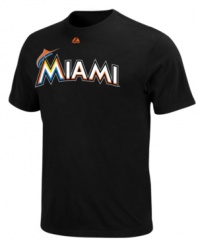 On display. Show off your team pride in this Miami Marlins MLB t-shirt from Majestic.